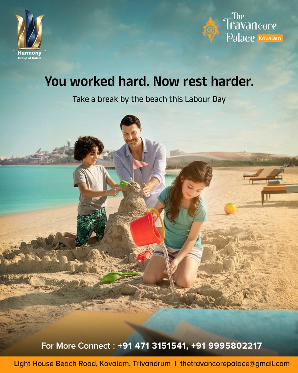 PlaceTravancore's tweet photo. You worked hard. Now make time for what matters.

This Labour Day, trade routine for the beach at Kovalam.

Book now
+91  9778373335
#LabourDay #Kovalam #FamilyTime #KeralaTourism https://t.co/ZZ4DM26OQc