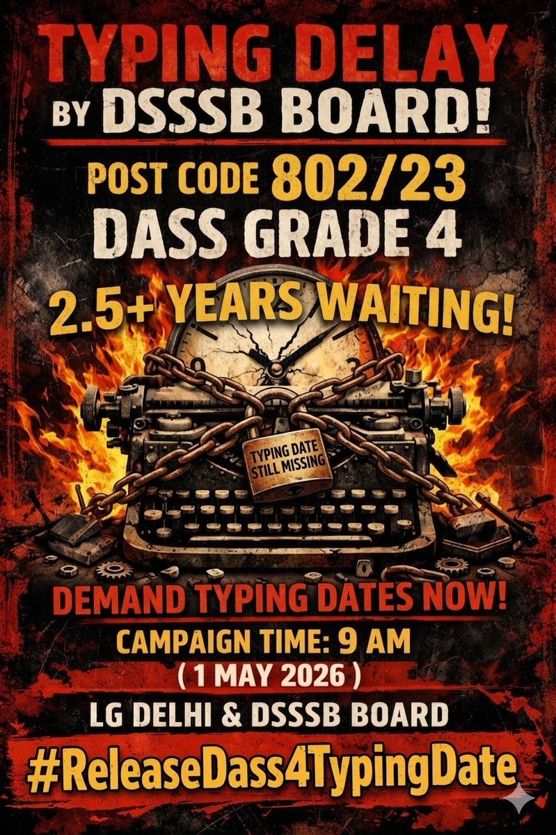 kuldeep_ydv5746's tweet photo. DEMAND = TYPING DATES OF 802/23 POST CODE (DASS grade 4 , ldc )

"Silence isn't a schedule. We demand the typing exam calendar!"

#ReleaseDass4Typingdate
#ReleaseTypingDate

@SandhuTaranjitS @dsssbofficial
@LtGovDelhi
@DelhiGovDigital https://t.co/sq7xdmpc85