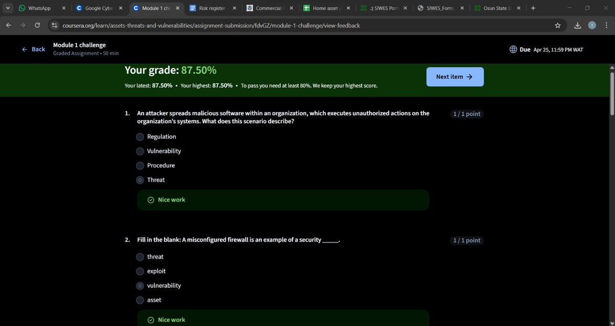 Ibroheeeem's tweet photo. D41/ #100DaysInCybersecurity Completed Module 1 of Course 5 🔐
Learned organizational risk management, asset inventories, threats, vulnerabilities, & how data is protected in use, in transit, & at rest.
Also explored policies, standards, procedures, & the NIST CSF
@ireteeh https://t.co/JkGFQP1Soq