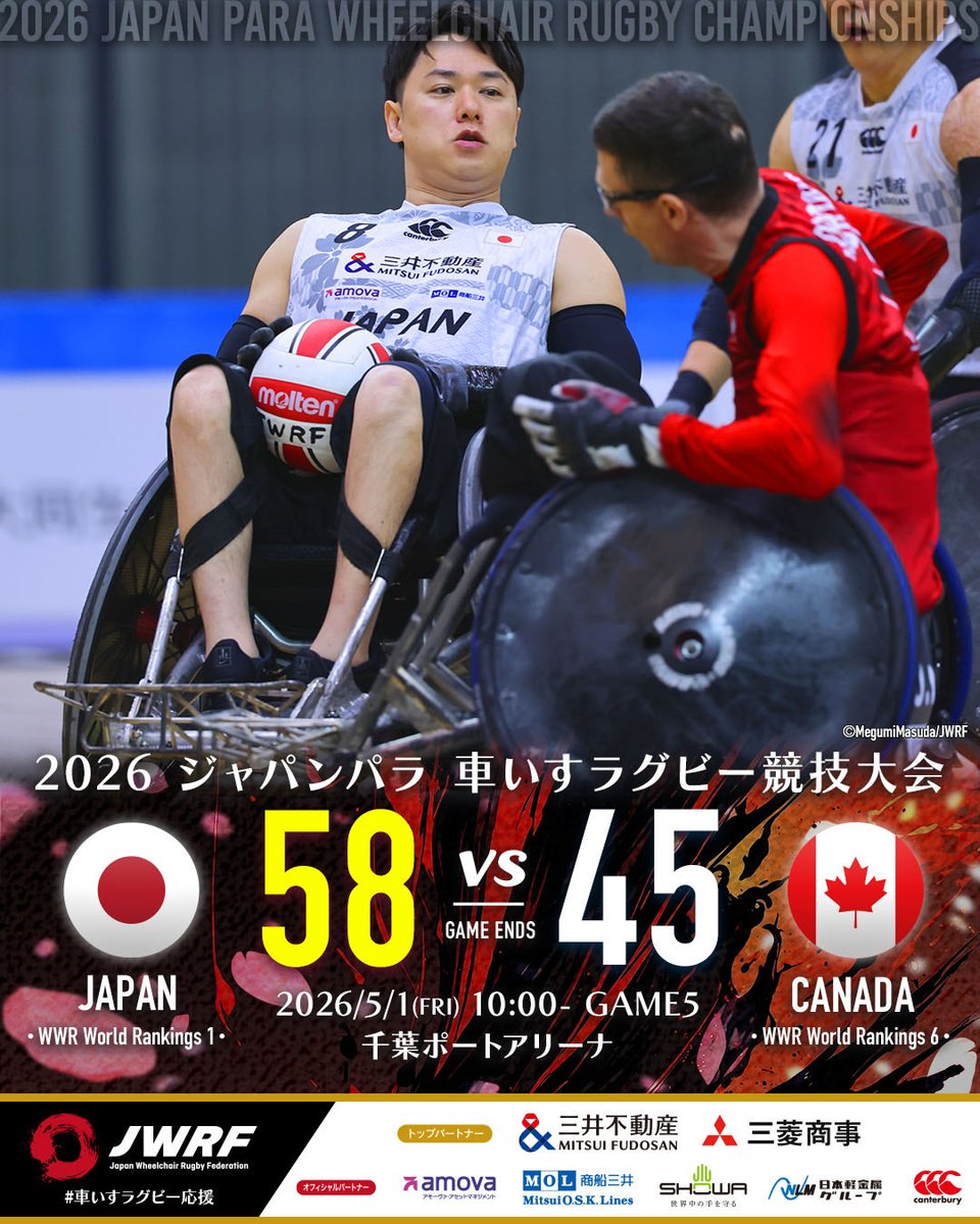 🥜2026ジャパンパラ車いすラグビー競技大会🥜

⚔️試合結果
G5 🇯🇵JPN 58 vs 45 CAN 🇨🇦

📹配信
youtube.com/playlist?list=…

引き続き応援をよろしくお願いします!!

#ジャパンパラ
#車いすラグビー応援