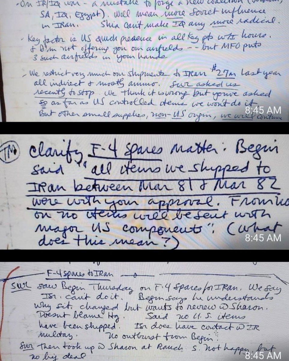Hbounassif's tweet photo. Charles Hill, an American diplomat who served as executive aide to Alexander Haig, Ronald Reagan’s first secretary of state, left behind declassified handwritten notes (available at the Hoover Institution/Stanford) that shed new light on Israeli support for Iran during the Iran–Iraq War in the 1980s.

While Iran was sending Shia Lebanese men to their deaths in the name of the struggle against the “Zionist enemy,” her most prominent defender in meetings with American officials appears to have been none other than Israeli defense minister Ariel Sharon (identified as “AS” in Hill’s notes). At the time, the United States—under pressure from Saudi Arabia—sought to rein in Israeli support to Iran, particularly regarding American-made equipment that Iran got from Israel.

According to the notes, then–Israeli Prime Minister Menachem Begin reminded then-American Ambassador in Israel Samuel W. Lewis that "all items we shipped to Iran between March 81 &March 82 were with your approval." Still, Begin promised that Israel would no longer ship F-4 spare parts to Iran. Ambassador Lewis reported to Hill that Sharon was “not happy” with the decision. Sharon later told Haig in Washington that the United States was making a strategic mistake by encouraging a Saudi–Iraqi–Egyptian alignment against Iran. 

Several decades later, an exhausted Lebanon is trying to stop the neverending war with Israel, but Iran is threatening hell via her clients in Beirut. It was OK for Khomeini to receive weapons from the "Zionist enemy" to fight another Muslim country, Iraq. But it is not OK for Lebanon to make peace. Go figure.