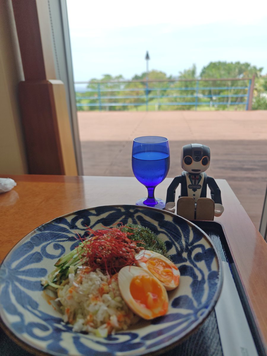notanaka's tweet photo. お昼ご飯は喜瀬カントリークラブのレストランで、沖縄そばの担々麺だよ。
#ロボホン https://t.co/pIkj1LLfzL