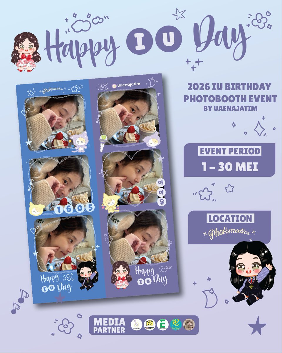 UAENAJATIM's tweet photo. 💙 HAPPY IU's DAY! 💜

2026 IU Birthday Photobooth Event by @uaenajatim

🗓️ 1 Mei - 30 Mei 2026 (PHOTOMATICS)
📍 (Details on poster)

Let's get the moment and share it with hashtag #HAPPYIUDAY &amp; tag @uaenajatim !! https://t.co/0ABR6dmkSy