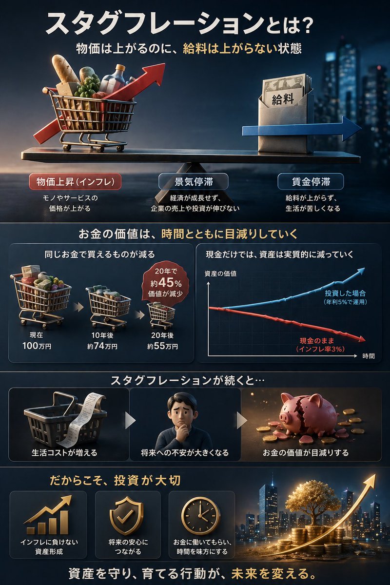fantamental_'s tweet photo. 🔸スタグフレーション
インフレで物価は上がるのに経済は成長しないこと。生活レベルにすると給料が上がらず、現金の価値がどんどん目減りしていく。
投資する人としない人では格差が拡大するかも...。 https://t.co/1QjHd5bqqq