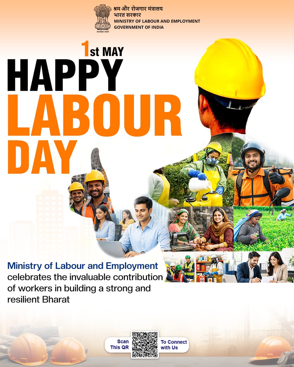 On Labour Day, the Ministry of Labour &amp; Employment honours the strength, resilience and dedication of India’s workforce.
The Ministry reaffirms its commitment to ensuring their welfare, safety, dignity and social security.👷‍♀️💼

#MoLE #InternationalLabourDay