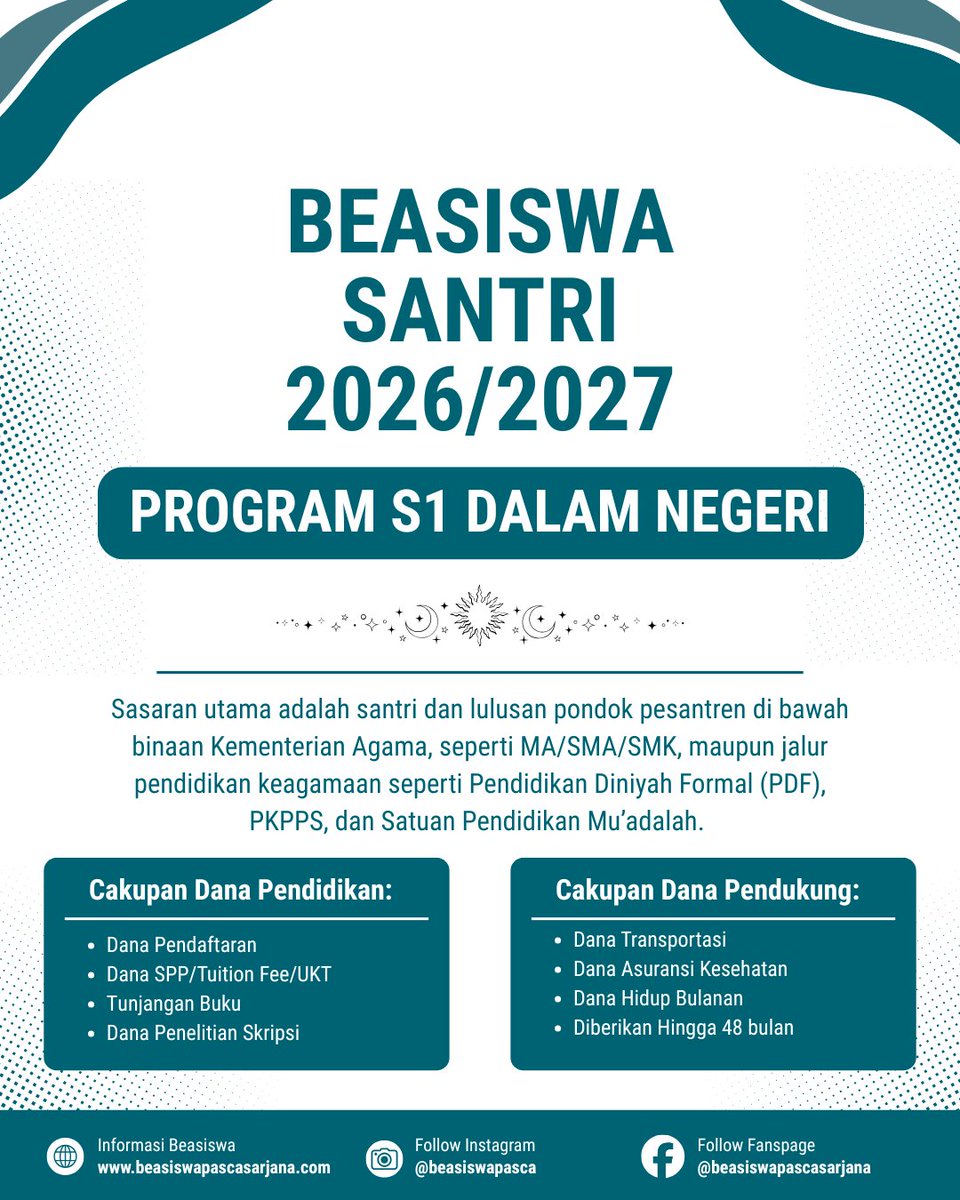 beasiswapasca's tweet image. Beasiswa Santri 2026/2027 dibuka!
Kesempatan S1 FULL GRATIS dalam negeri untuk santri &amp;amp; alumni pesantren.
Full cover: UKT, uang saku, transport, buku, skripsi &amp;amp; asuransi
Deadline: 31 Mei 2026

Cara daftar 🔗 beasiswapascasarjana.com/2026/05/beasis…

#Beasiswa #Santri #LPDP #Kemenag