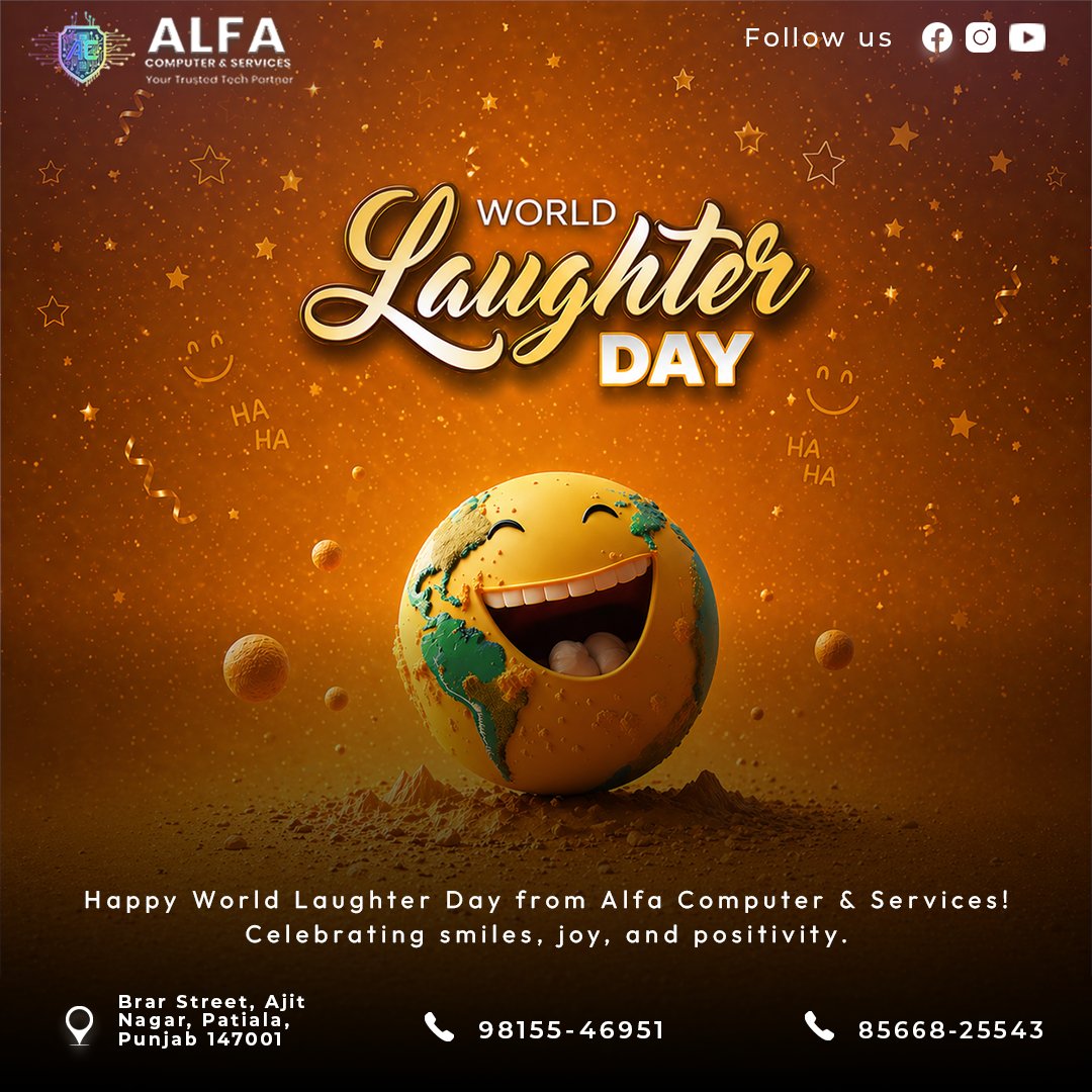 AlfaComputerSe1's tweet image. A little laughter goes a long way!
This World Laughter Day, let’s celebrate positivity, happiness, and the power of a smile. 😊🌍
#WorldLaughterDay #StayPositive #SpreadHappiness #AlfaComputerServices