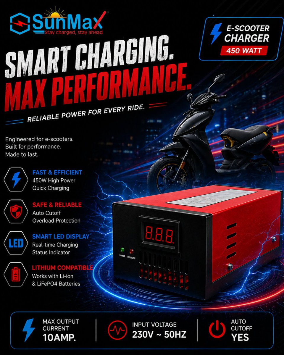 Sunmaxevcharger's tweet image. Smart Charging. Max Performance. ⚡
Power your e-scooter with speed, safety, and reliability.
450W high performance charger built to last.

📞 For Orders: +91 9310435644
🌐 sunmaxevcharger.com

#Sunmax #EVCharging #EScooter #FastCharging #SmartCharging #ElectricVehicle