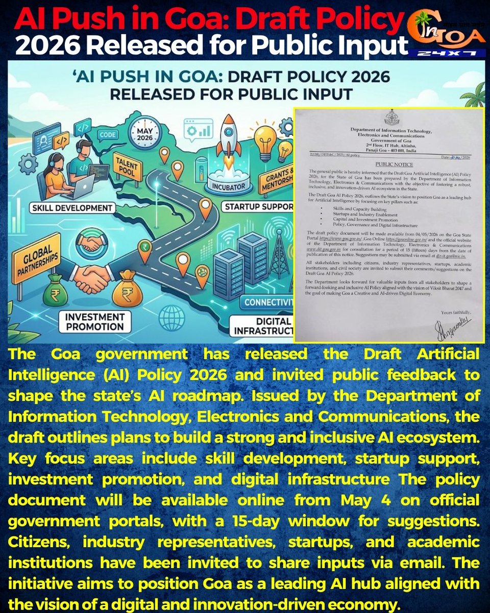 InGoa24x7's tweet photo. AI Push in Goa: Draft Policy 2026 Released for Public Input
#Goa #GoaNews #AI #DraftPolicy #PublicInput https://t.co/kAQP0CvU8j