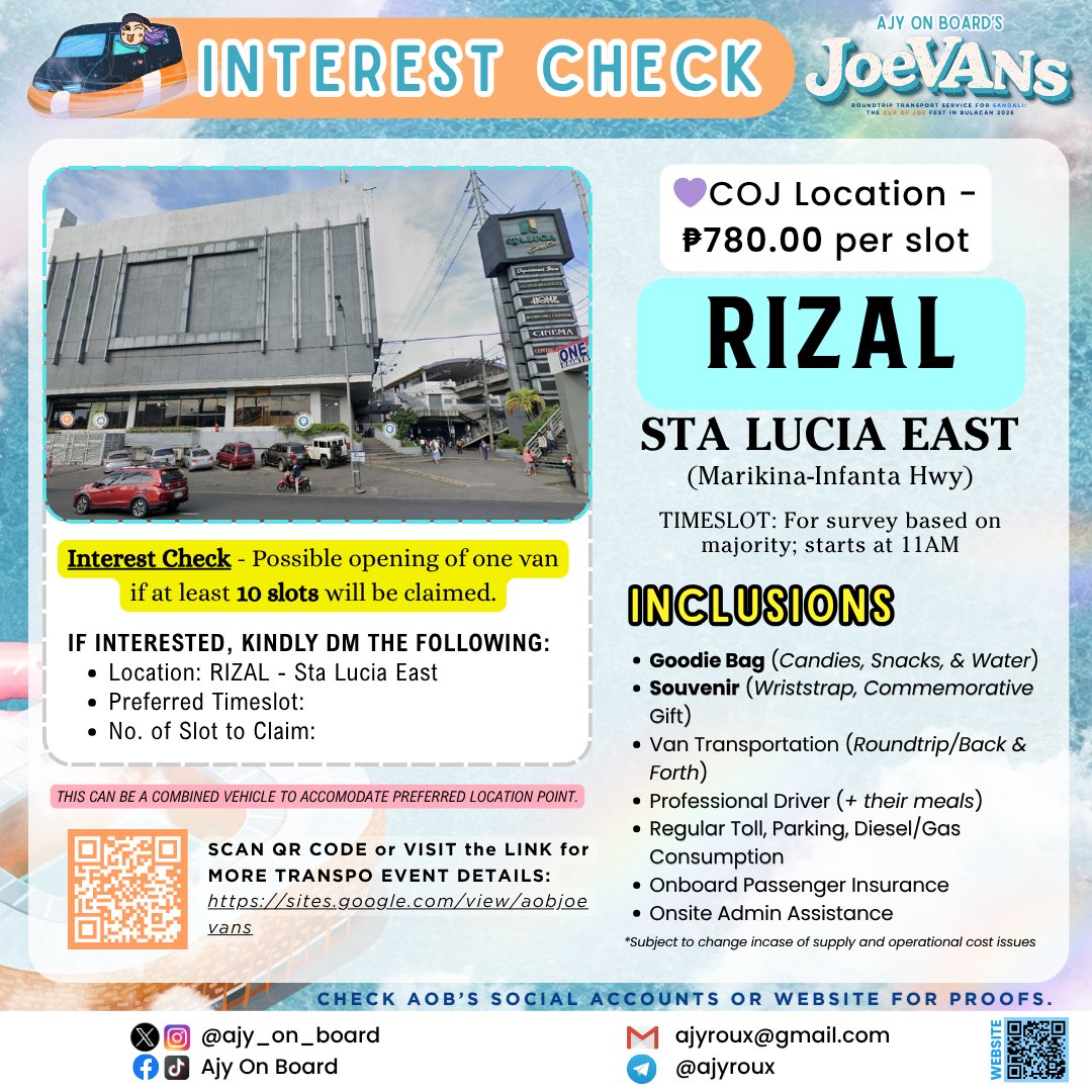 ajy_on_board's tweet image. 📣 #AOB_JOEVANS - INTEREST CHECK

JOEWAHs from RIZAL looking for roundtrip transpo shuttle to #SandaliTheCOJFest ?🚐

📥 DM us to be waitlisted telegram.me/ajyroux

🙅‍♂️ Will not push through if less than 10 slots are interested

#CupOfJoe stadium carpool sta lucia marikina hwy