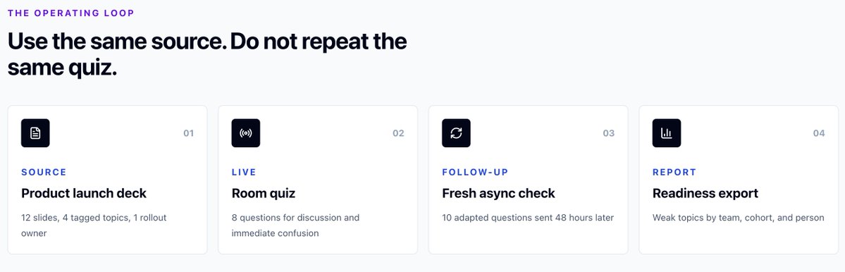 SusmitPy's tweet image. Same source material.
Different check.
Better signal.

The better workflow:
source material -&amp;gt; live quiz -&amp;gt; adapted follow-up -&amp;gt; weak-topic report -&amp;gt; manager action

That is what ForQuiz is built for.
Link in thread.

#LearningAndDevelopment #Enablement #Training