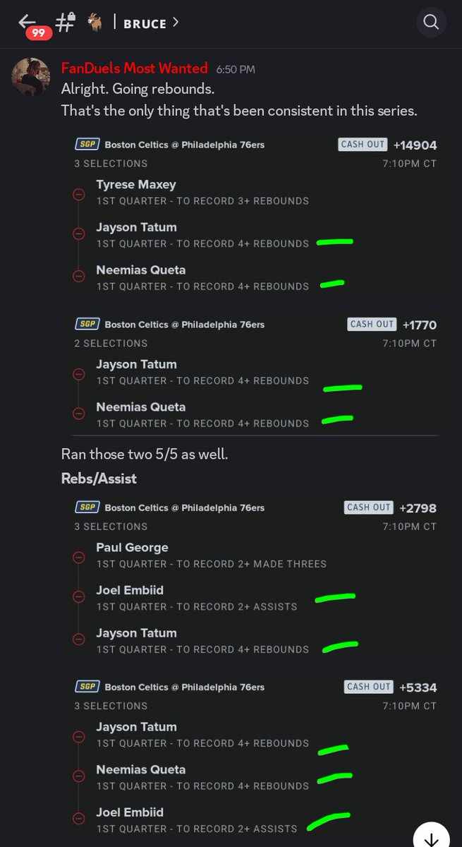 thatotherblckg's tweet photo. This is what a capper is supposed to do. 
Identify value. 
Exploit value.
I don't have 95 different reads. 
I identify my spots and play them. 

I had 3 plays for the base. 
Tatum Rebounds 
Queta Rebounds
Embiid assist. 

Ran my top two props together. (Tatum / Queta)
Added in the third prop for an 3 Leg SGP (Embiid)

And then added the two volatile but achievable props as separate SGPs, while keeping my same base. Never exceeding 3 legs to eliminate unnecessary variance. 

Your capper doesn't do this or understand this concept because they don't trust any of their reads, so they throw darts and hope one sticks.

I don't need 80 different variations. 
I trust my reads.. the only thing I try to do is overlap 🤷🏾‍♂️