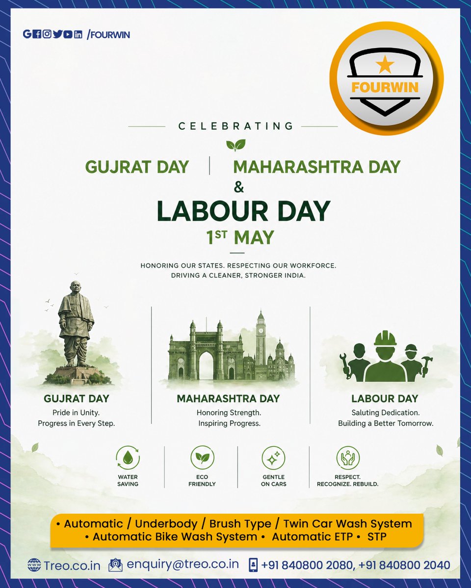 CarFourwin's tweet photo. Celebrating unity, strength, pride of our states and the power of our people.

This 1st May, we honor Gujarat Day, Maharashtra Day &amp; Labour Day. Building a cleaner, smarter, and stronger India with every step.
#FourWin #MaharashtraDay #LabourDay #1stMay  #CleanIndia #GujaratDay https://t.co/dRZKHBwnAP