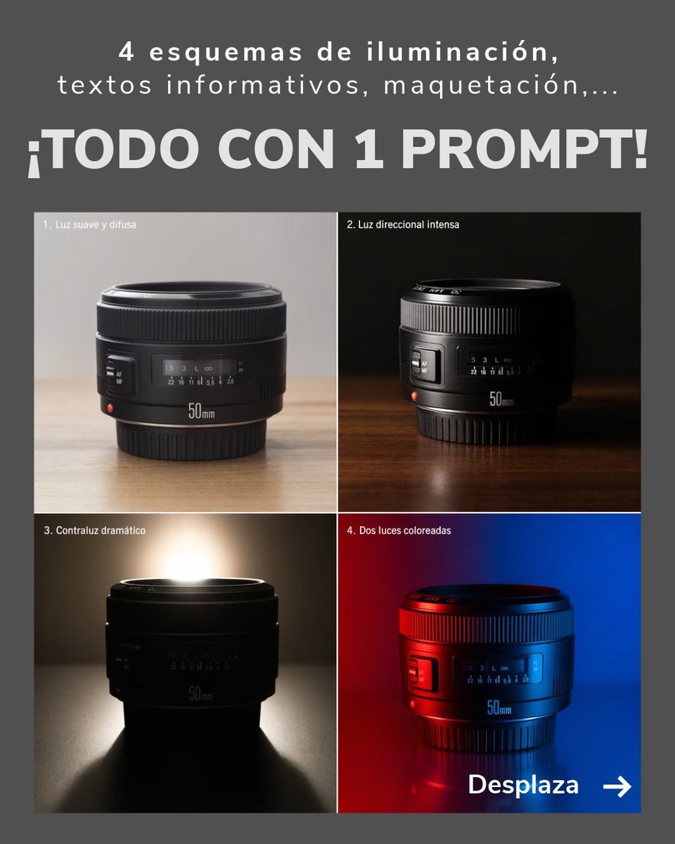 photomamp's tweet image. ¿Cuánto tardas en probar 4 esquemas de #iluminación en estudio para ofrecer propuestas a tu cliente?
La IA generativa te permite ésto con sólo 1 prompt. Ideal para #brainstorming, #sketching o para aprender #fotografía 🚀
+ info: 
instagram.com/p/DXuJAz2jZoK/… @itsPolloAI #GPTImage2