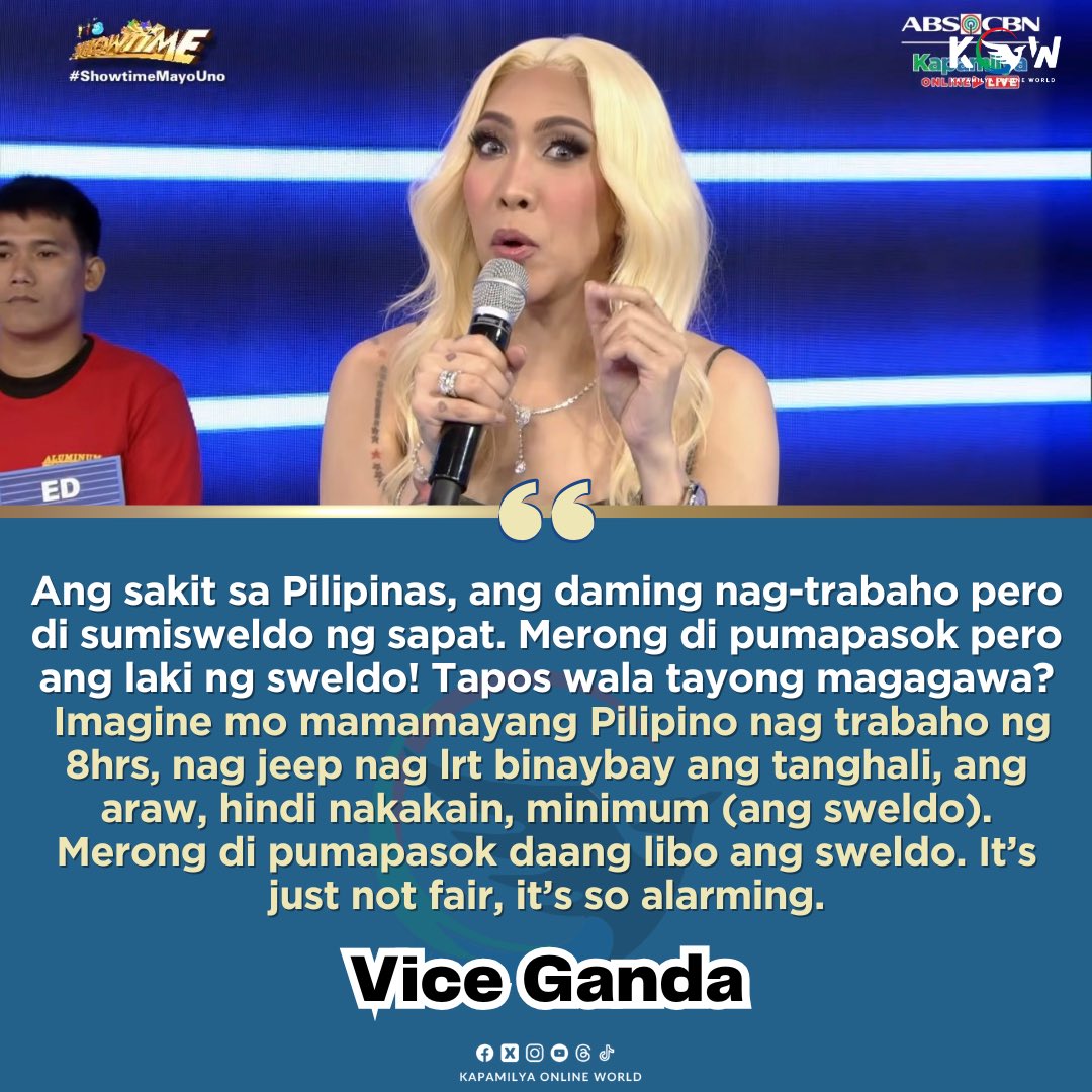 DI PUMAPASOK DAANG LIBO ANG SWELDO!

READ: Naglabas ng saloobin si Meme Vice Ganda ngayong labor day kaugnay ng di makatarungang nangyayari sa mamamayang Pilipino na nagta-trabaho ng maayos at 8hrs a day laban sa iba na di na nga pumapasok daang libo pa rin nag sweldo.

“Ang