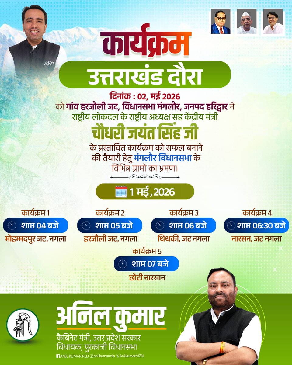 आज दिनांक: 1 मई 2026, दिन शुक्रवार
उत्तर प्रदेश सरकार के कैबिनेट मंत्री आदरणीय श्री अनिल कुमार जी आज उत्तराखंड के मंगलौर विधानसभा, जिला हरिद्वार के विभिन्न गांवों में जनसंपर्क करेंगे।
यह जनसंपर्क अभियान दिनांक 2 मई 2026 को हरजौली जट्ट, मंगलौर (जिला हरिद्वार) में आयोजित भारत रत्न,