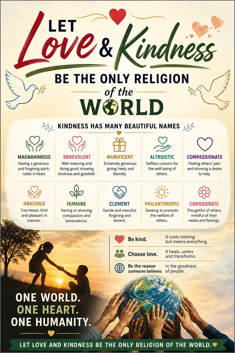 ARIFMUNNARAZA2's tweet image. What if d world needed just 1 religion?
Not 1 defined by rituals, borders, or beliefs—
but one rooted in something far more powerful:
Love.
A religion where being magnanimous is d highest virtue.
Where benevolence is the daily practice.
#Kindness  #Humanity #Compassion #English