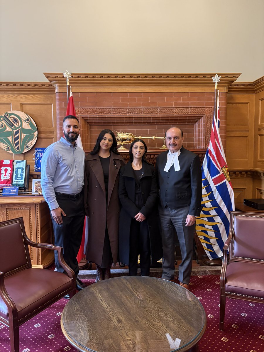 BCLegSpeaker's tweet photo. This week’s photo roundup:
-Monday night, Minister @randene_neill and @McInnis_4MLA hosted a screening of #Namesake —a documentary that profiles an ongoing dialogue between @TlaaminNation and the city of Powell River. We were honoured to be joined by the film’s two Executive Producers, Emily White and Davis McKenzie.
- Thank you to Avneet and Avnoor Kaur Sidhu, who spoke at the @bcfed-led #NationalDayofMourning event this past Tuesday @BCLegislature. They lost their mother, Sarabjit Kaur Sidhu, in a tragic and preventable work-related motor-vehicle collision in 2007. I have known both of them since they were young children and their father, my dear friend, was left a grieving widower. I know their mum would be so proud of the courageous and articulate women they’ve become. It made my week to see them both doing so well, and to meet Avnoor’s fiancé, Aman Kang, too.
- We wrapped up the third year of @sciencepolicy’s Science Meets Parliament - BC edition with a reception in the Hall of Honour. This year’s delegates met with 37 #MLAs from @BCNDPCaucus @BCConservCaucus, and @bcgreencaucus as well as a couple of independent Members. I am a huge proponent of this program, and I would encourage my fellow Speakers from across the country to host it in their provinces, too.
-Today I had the privilege of meeting @Kristina4BC’s 17-year-old nephew, Coran, and his friend Marcus—self-proclaimed history buffs who were thoroughly enjoying their behind-the-scenes tour. Thanks for dropping by, MLA Loewen and gentlemen!