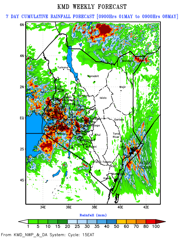 Utabiri wa Hali ya Hewa wa Kila Siku: 1–3 Mei 2026 🇰🇪

⛈️ Mvua:
Mvua zinatarajiwa kuendelea katika maeneo mengi ya nchi, hasa Nyanda za Juu Mashariki na Magharibi mwa Bonde la Ufa, Bonde la Ziwa Victoria, Pwani na Kaskazini Mashariki. Baadhi ya maeneo yatashuhudia mvua kubwa na