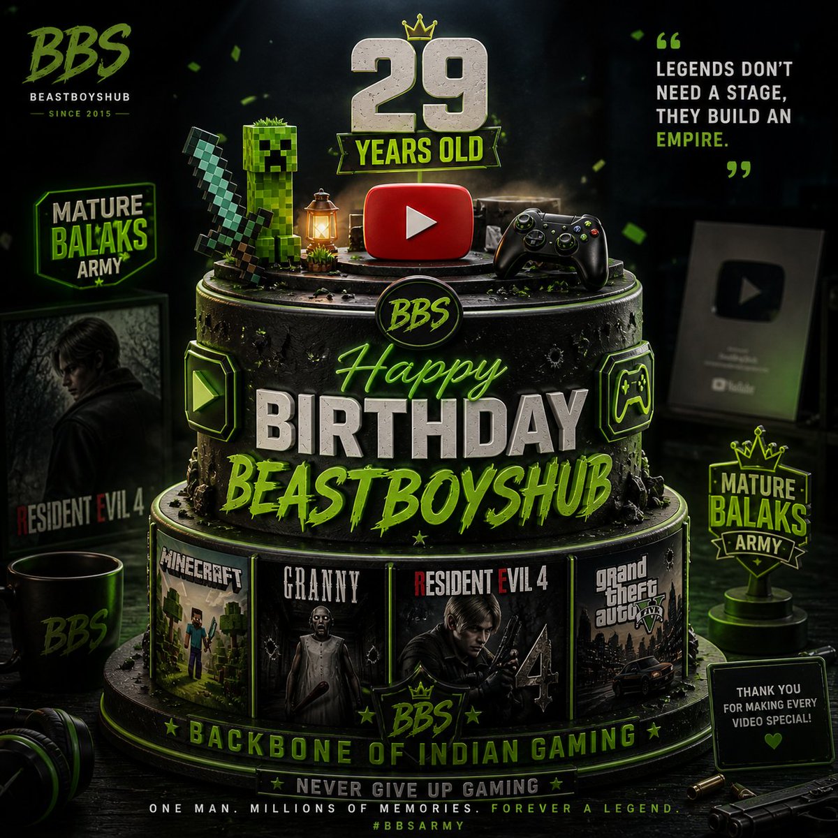 BBSBigfanRB's tweet image. 🎮 Belated Happy Birthday to the backbone of Indian gaming🗿💚
@BeastBoyShub turns 29 🎂🔥
From unforgettable moments to pure nostalgia, you made millions smile 
Not just a creator… an emotion for every gamer 👑
Mature Balaks forever 🔥
#BeastBoyShub #BBS #Legend #HappyBirthday
