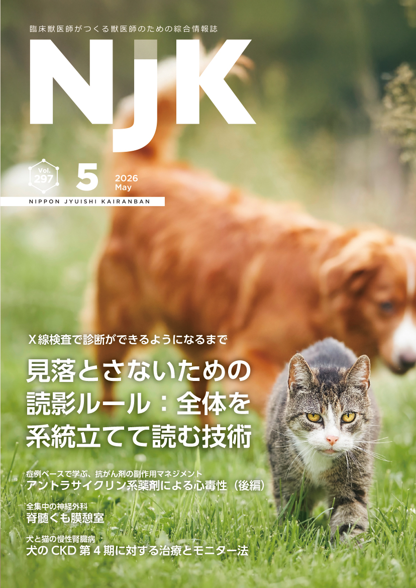 NJKVETS's tweet photo. 最新号2026年5月号（5/1発行）内容続き
「FIP診療で迷ったとき、どこで立ち止まるか」佐瀬興洋先生
「���後3ヵ月の柴犬のしつけに戸惑っています」石井香絵先生
「ほど良い治療を目指して」清水邦一先生・宏子先生
#獣医師 #獣医療 #動物医療
https://t.co/IKCWNHddY8 https://t.co/Sssey4f43s