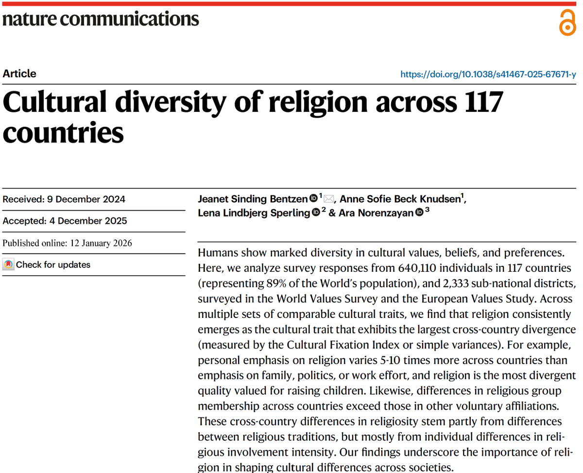 JeanetBentzen's tweet photo. Which cultural values drive global divides?

To understand inequality and polarization, we need to focus on where societies differ most—not where they’re becoming similar.

Our new study @NatureComms points to one factor above all: religion.

https://t.co/eOEZ0EDfqN https://t.co/ay6sGBhdve