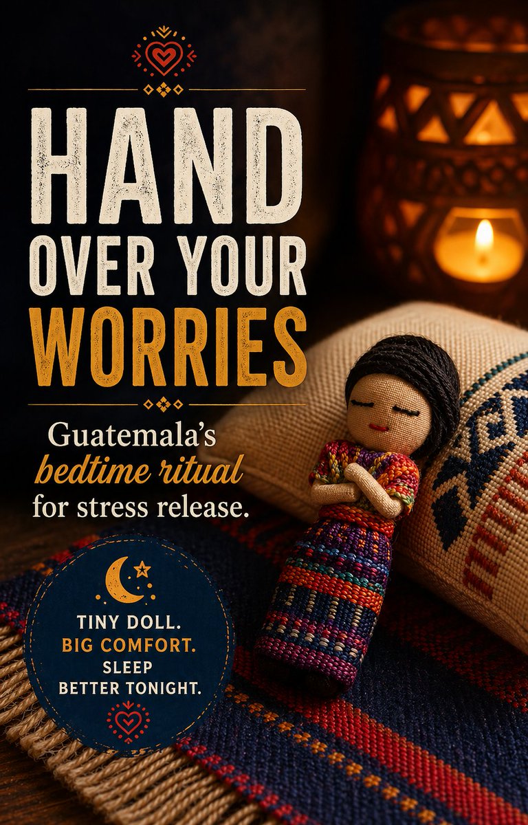 AchievingSleep's tweet image. In Guatemala, some people use worry dolls at bedtime. The idea is simple: tell the dolls your worries, put them under your pillow, and let them carry the stress away.

Would you try this bedtime #sleep ritual?#GuatemalaFacts #SleepFacts #SleepCulture #WorldCulture #SleepHacks