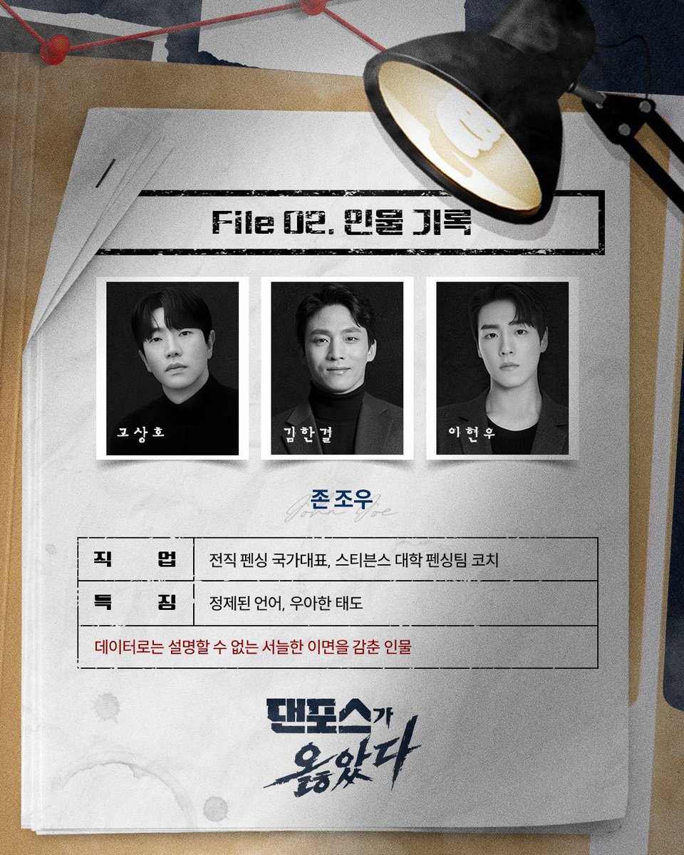 댄포스가 옳았다 #이현우 

인물 기록: 존 조우

직업: 전직 펜싱 국가대표, 스티븐스 대학 펜싱팀 코치
특징: 정제된 언어, 우아한 태도
데이터로는 설명할 수 없는 서늘한 이면을 감춘 인물
