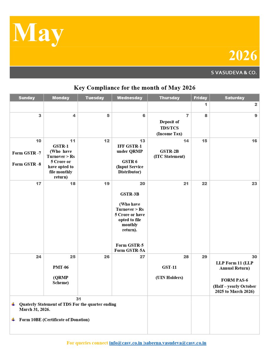 CoVasudeva's tweet photo. Key compliance for the month of May 2026. 

#GST #incometax https://t.co/kyYq5DXdtr