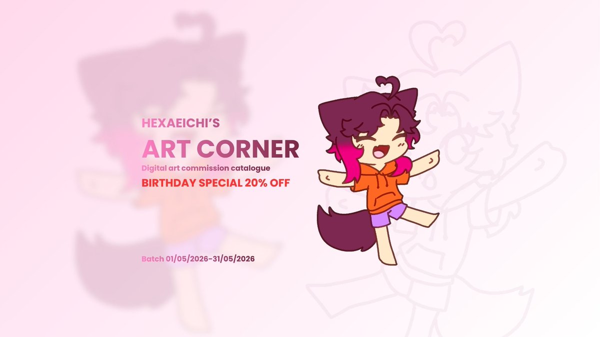 [ BIRTHDAY MONTH SPECIAL: COMMISSIONS ARE 20% OFF! ]

Batch starts from 1 May 2026
Various services: Illustration, Character art, Vtuber Live2D model
Slots: 10 orders

#commissionopen #opencommission #artcommission #vtubercommission