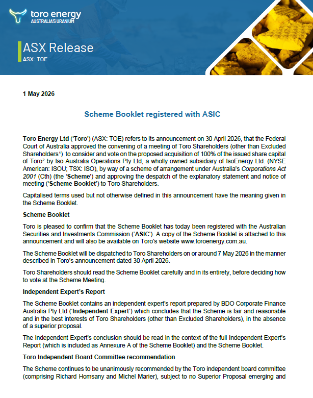 The glacial-paced $TOE takeover by IsoEnergy, announced in Oct 25, finally reaches second base. Its a good thing that uranium decays slowly otherwise they might end up acquiring a lead deposit