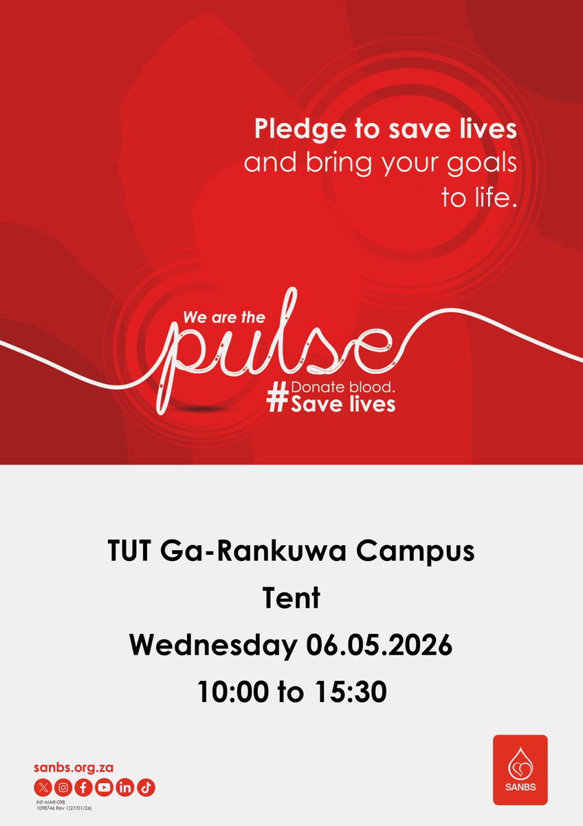 TUTCampusHealth's tweet image. Hey TUT Fam!

It’s time to make a difference 

Join us for the Blood Donation Drive and help save lives.

Ga-Rankuwa Campus (Tent) | Wednesday, 06 May 2026 | 10:00 – 15:30

Be the pulse that keeps someone alive your donation can make all the difference 🩸

#DonateBlood #SaveLives