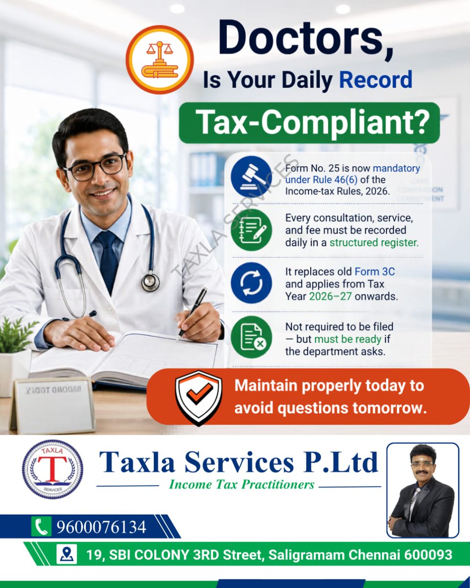 SivaAudit's tweet image. 🩺 Doctors, Is Your Daily Record Tax-Compliant?

📞 Contact us today: +91 7305701454
📧 Email: auditsiva2@gmail.com
🌐 Website: taxlaservices.com

#DoctorsCompliance #TaxCompliance #Form25 #MedicalPractice #IncomeTaxIndia #TaxlaServices #BestAuditorInTamilnadu