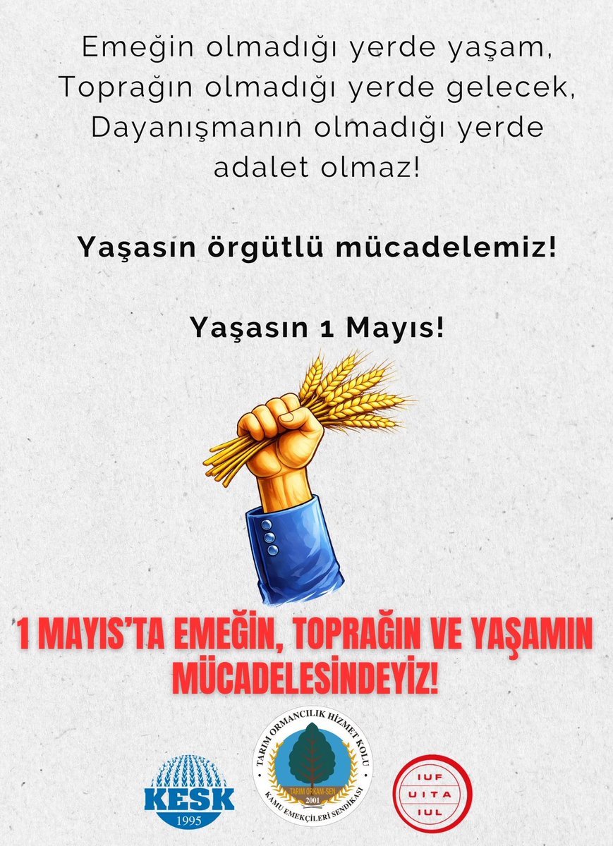 TarOrkam's tweet photo. 1 MAYIS’TA EMEĞİN, TOPRAĞIN VE YAŞAMIN MÜCADELESİNDEYİZ!
1 Mayıs, yalnızca bir bayram değil; sömürüye, talana ve eşitsizliğe karşı emeğin ve yaşamın ortak mücadele günüdür!

Yaşasın örgütlü mücadelemiz!
Yaşasın 1 Mayıs! https://t.co/4dljQlk8Yr