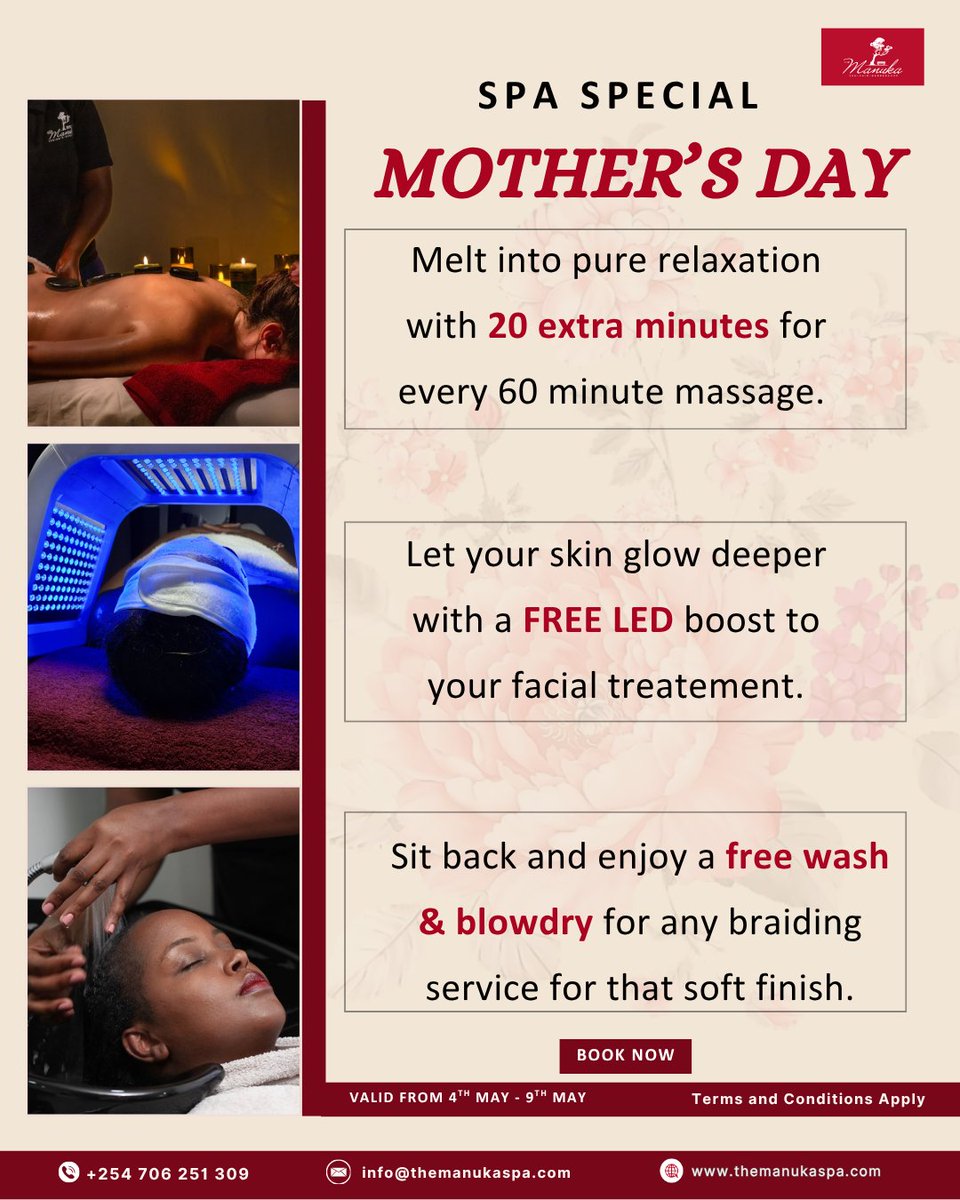 manuka_spa's tweet image. This Mother’s Day, we’re giving more than just a treatment, we’re giving her a moment to pause. 

From a longer massage, to a brighter facial, to a softer hair finish, every detail is designed with her in mind. 
Valid from 4th – 9th May at The Manuka Spa.

#MothersDayKenya #Rest