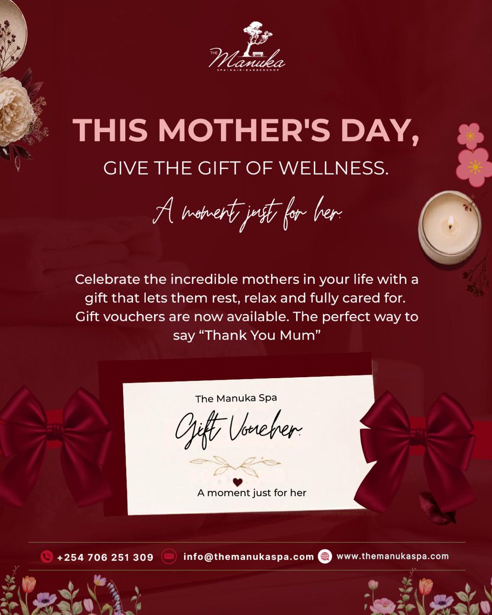 manuka_spa's tweet image. This Mother’s Day, we’re giving more than just a treatment, we’re giving her a moment to pause. 

From a longer massage, to a brighter facial, to a softer hair finish, every detail is designed with her in mind. 
Valid from 4th – 9th May at The Manuka Spa.

#MothersDayKenya #Rest