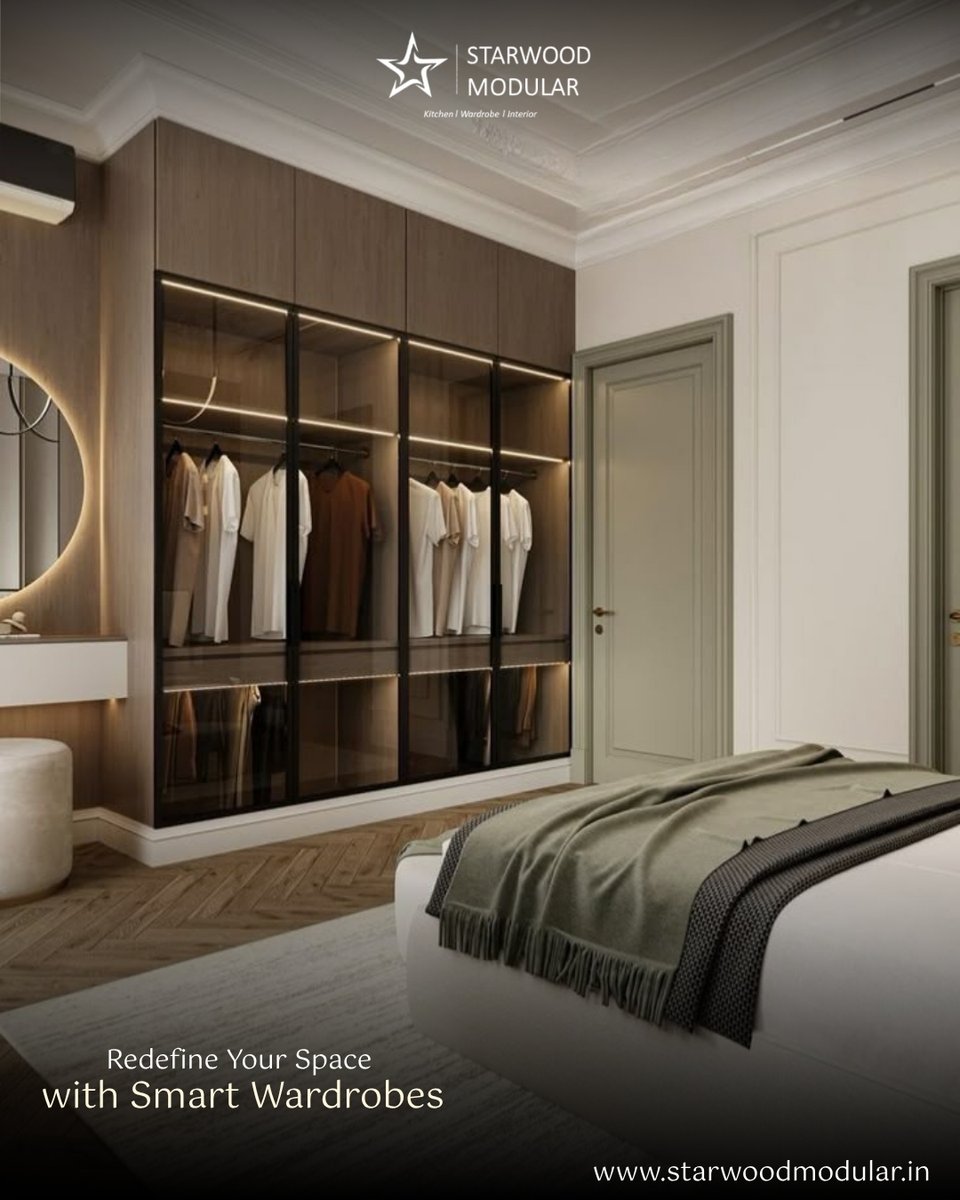 StarwoodModular's tweet image. Bring elegance and smart storage into your bedroom with this stylish modular wardrobe. Featuring tinted glass shutters, warm wooden textures, and soft LED lighting,

starwoodmodular.in

#ModularWardrobe #LuxuryInteriors #ModernDesign #BedroomDecor #GlassWardrobe