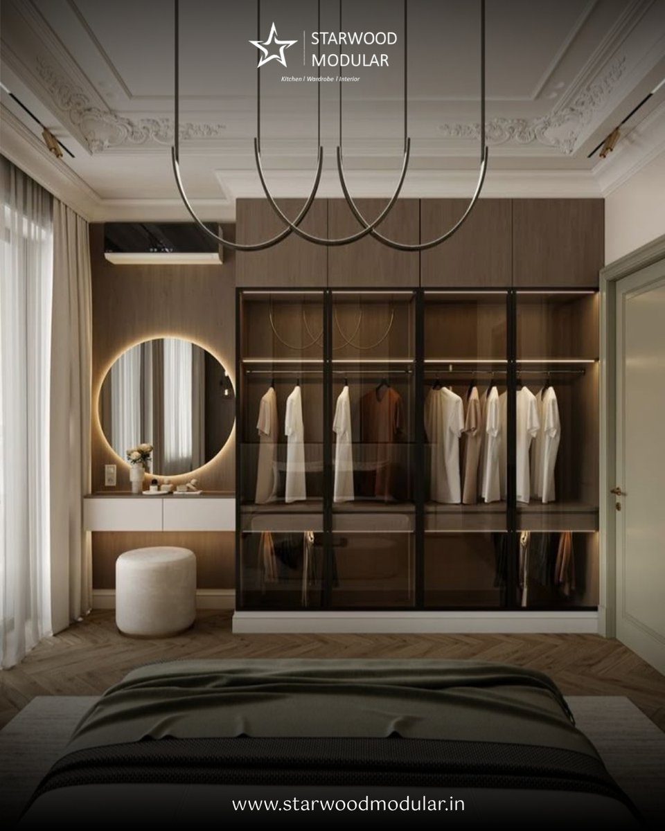 StarwoodModular's tweet image. Bring elegance and smart storage into your bedroom with this stylish modular wardrobe. Featuring tinted glass shutters, warm wooden textures, and soft LED lighting,

starwoodmodular.in

#ModularWardrobe #LuxuryInteriors #ModernDesign #BedroomDecor #GlassWardrobe