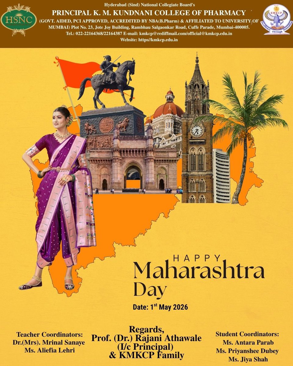 Kmkcp_official's tweet photo. 🇮🇳✨ Principal K. M. Kundnani College of Pharmacy proudly celebrates Maharashtra Day on 1st May 2026, honoring the state’s rich heritage, unity, and progress. Let us uphold our traditions and strive for excellence.

#MaharashtraDay #KMKCP https://t.co/AL1FjoS7f8