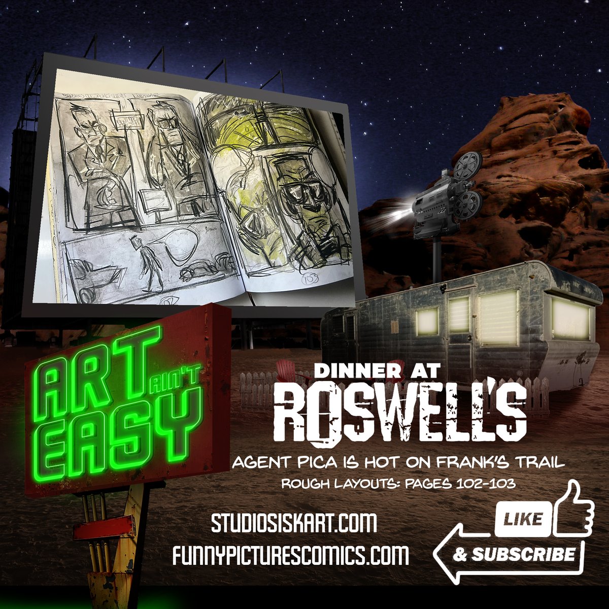 DINNER AT ROSWELL'S ROUGH LAYOUTS: Agent Pica is hot on Frank's trail. Pages 102-103.