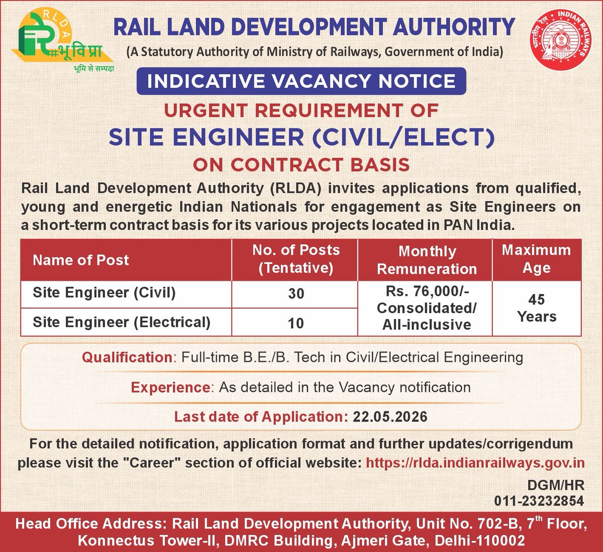 rlda_india's tweet photo. Rail Land Development Authority has issued an Indicative Vacancy Notice for engagement of Site Engineer (Civil/Electrical) on a contract basis for its various projects located in PAN India.
#RLDA #RailLandDevelopmentAuthority #IndianRailways #GovernmentJobs #SiteEngineer #CivilEngineer #ElectricalEngineer #EngineeringJobs #RailwayJobs #CareerOpportunity #HiringNow #InfrastructureDevelopment #JobsIndia
