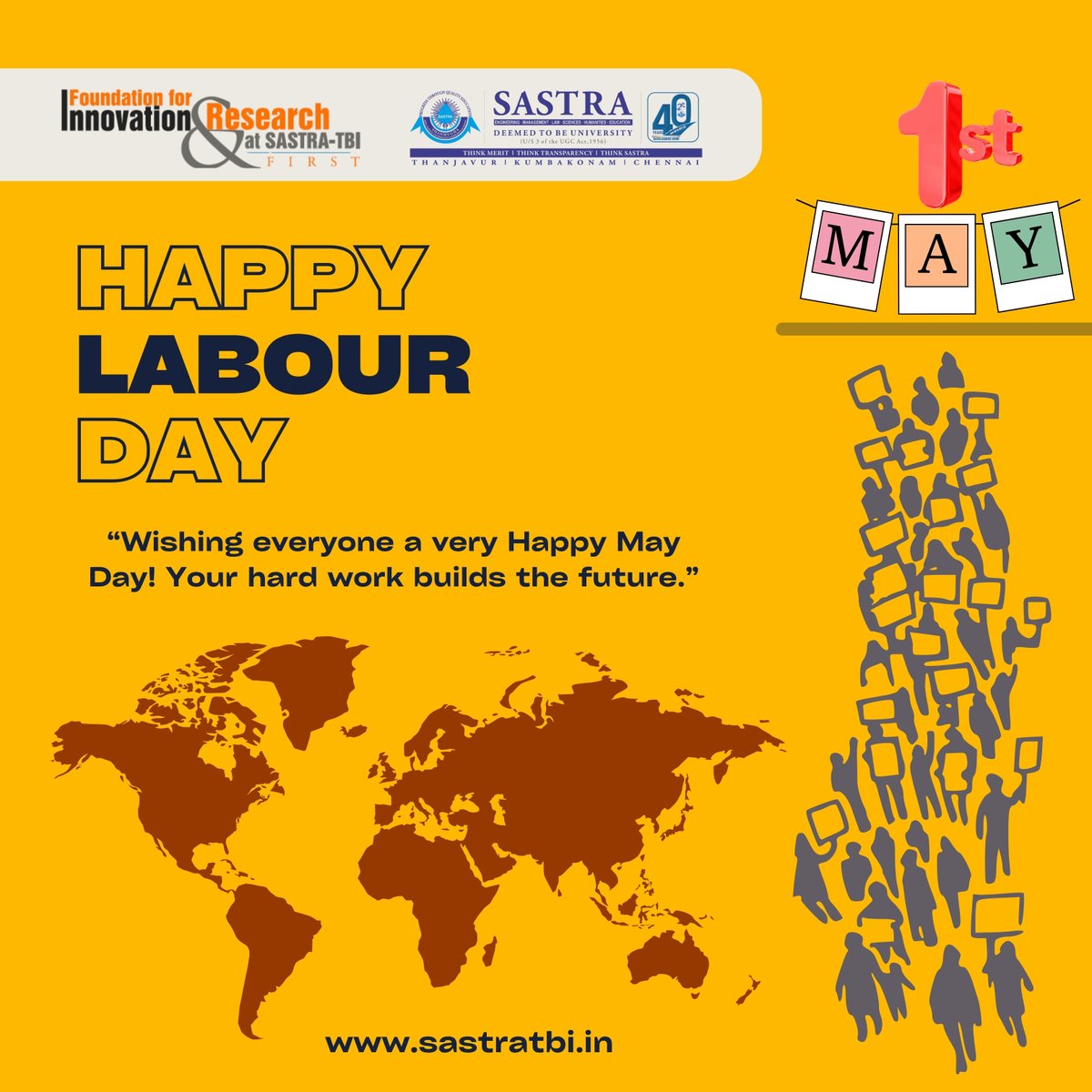 Sastratbi's tweet photo. Celebrating the spirit of hard work, innovation, and dedication this May Day.

Foundation for Innovation &amp; Research at SASTRA TBI (FIRST) extends heartfelt wishes to all our startups, innovators, and every individual contributing to building a stronger future. https://t.co/vnkT7Ru6ji