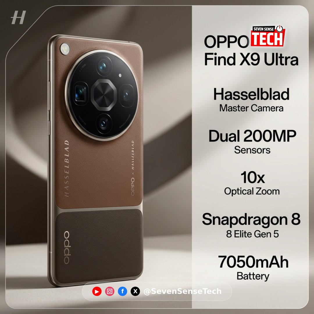 SevenSenseTech's tweet image. OPPO Find X9 Ultra is here! 📸 Dual 200MP cams + 10x periscope zoom by Hasselblad. Powered by Snapdragon 8 Elite Gen 5 &amp;amp; a 7,050mAh battery. The new king of mobile photography? 👑 #OPPOFindX9Ultra #TechNews #Photography #OPPO