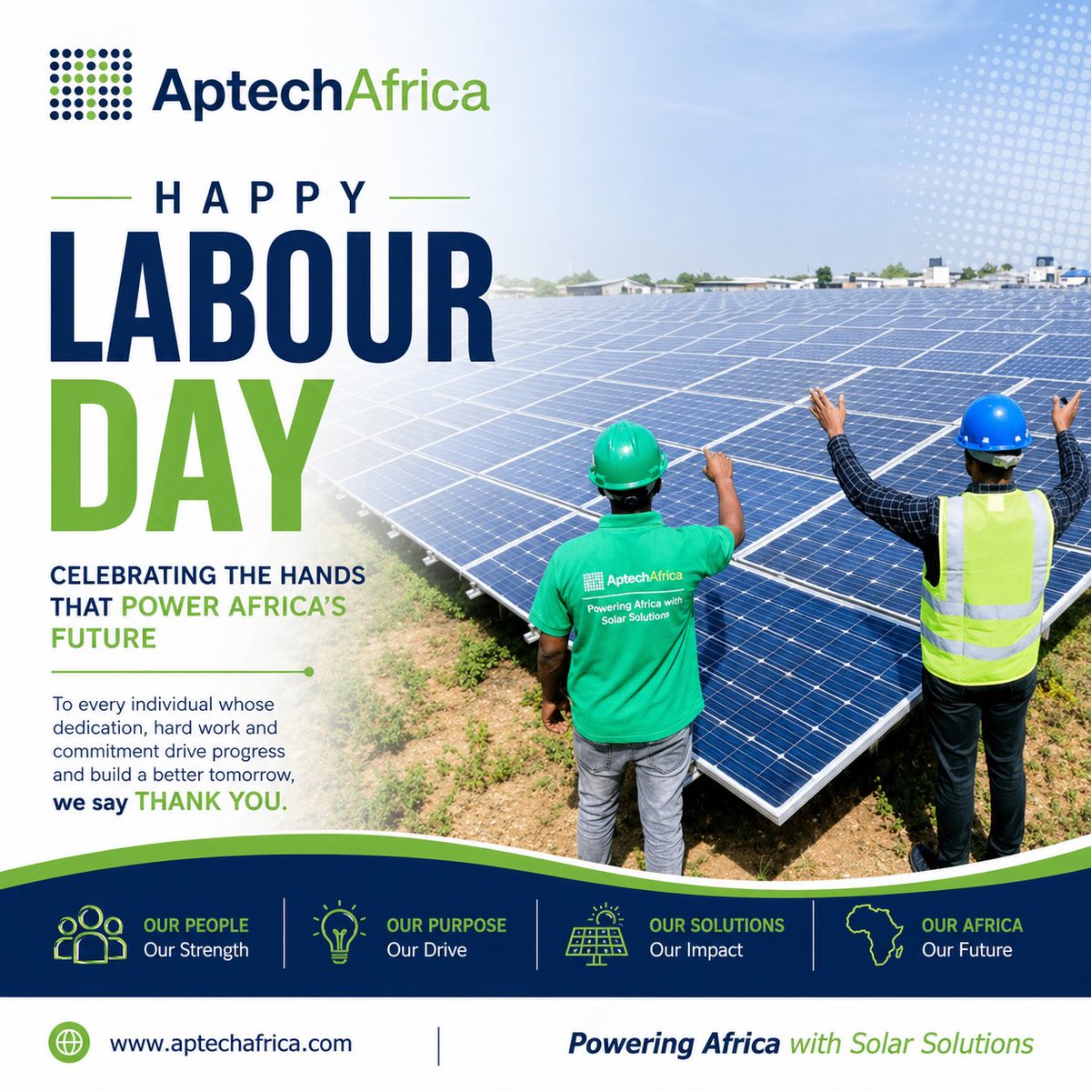 aptechsolar's tweet photo. Today, we celebrate the dedication, resilience, and hard work of every individual powering progress across Africa.

At Aptech Africa, our people are at the heart of everything we do driving sustainable energy solutions and building a brighter future.

#renewableenergy #laborday https://t.co/zcsbSlx2j4
