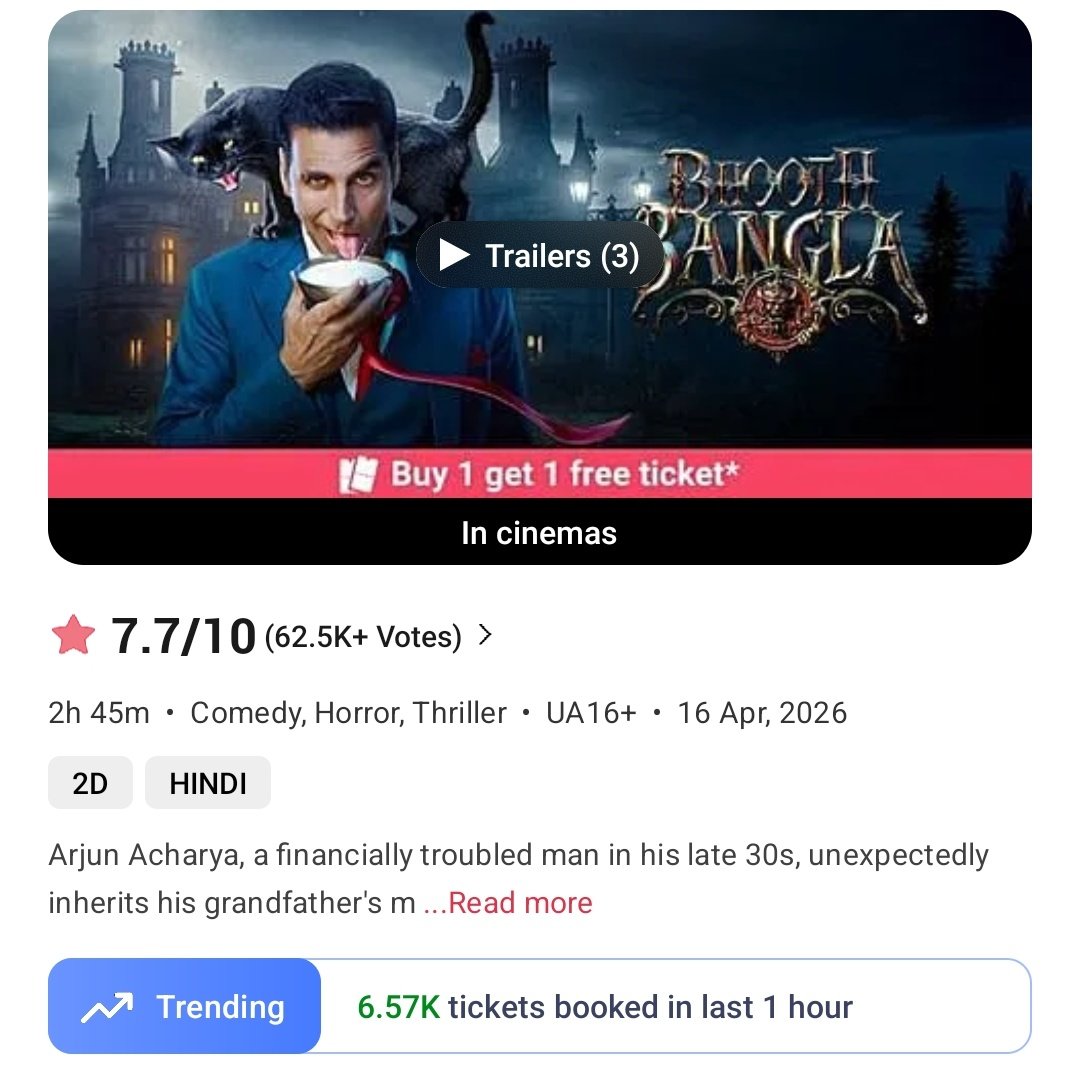#BhoothBangla 👌🏻  
10-11am 
Tickets sold on BMS- 6570
Yesterday- 2820

Total from 8am- 12940
Yest- 5720