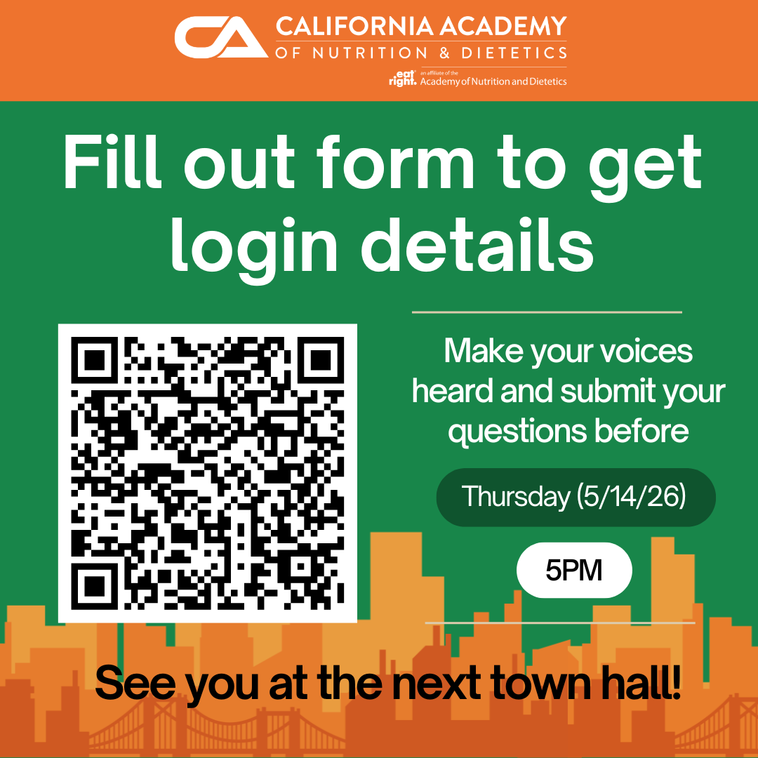 RDNutritionCA's tweet photo. Please join us for tour Town Hall on Wednesday, May 20th from 6:30 to 7:30 pm. Come hear FY2025-26 updates,  licensure task force updates, Financial Updates of your CA Academy and get your questions answered. 
Submit questions + login detail here: https://t.co/r9ArlhEB3c https://t.co/kGsraK6ekp