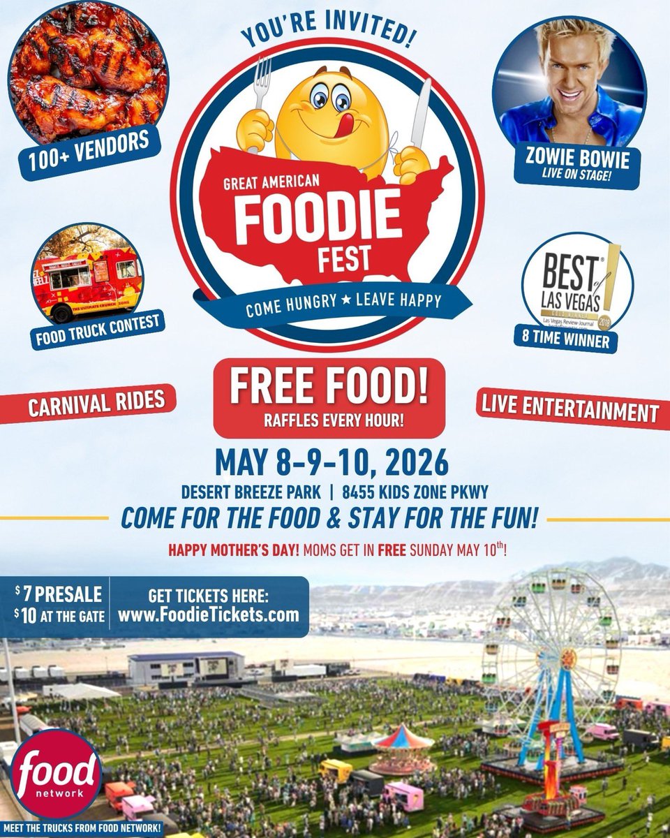 hot975vegas's tweet photo. Listen in for your chance to win tickets to the hottest foodie festival GREAT AMERICAN FOODIE FEST! Coming to Desert Breeze Park  May 8th,9th &amp; 10! Call 702-320-5834 when you hear the cue to call ☎️ Listen live at https://t.co/zspC9rWnTK https://t.co/DAud2CUZO8