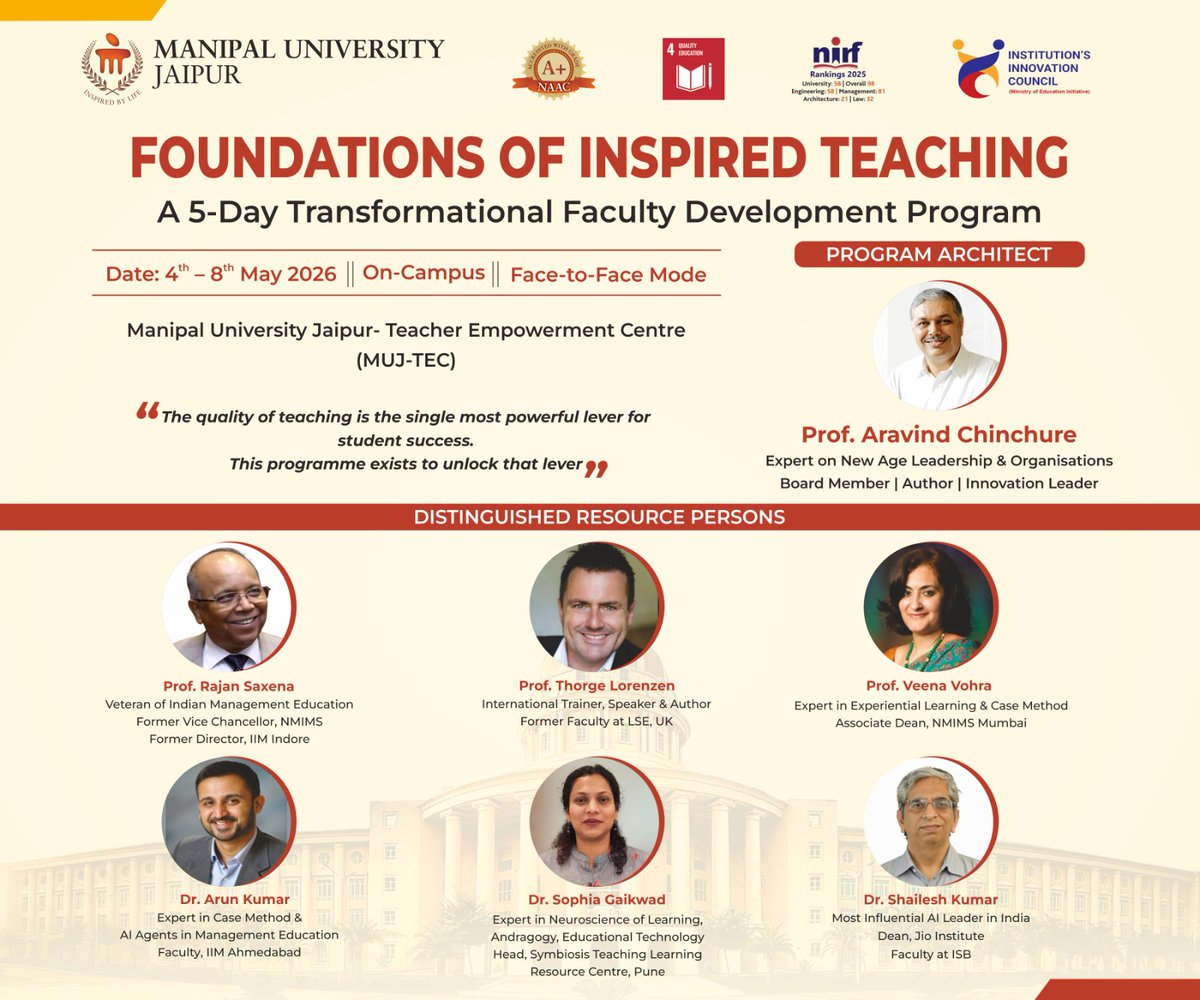 Jaipur_Manipal's tweet image. Foundations of Inspired Teaching at MUJ 🎓

A 5-day FDP (May 4–8, 2026) empowering faculty with modern pedagogies—AI, experiential learning, neuroscience &amp;amp; more. Led by top academic leaders for transformative impact.

#MUJ #InspiredTeaching #FacultyDevelopment #TeachingExcellence