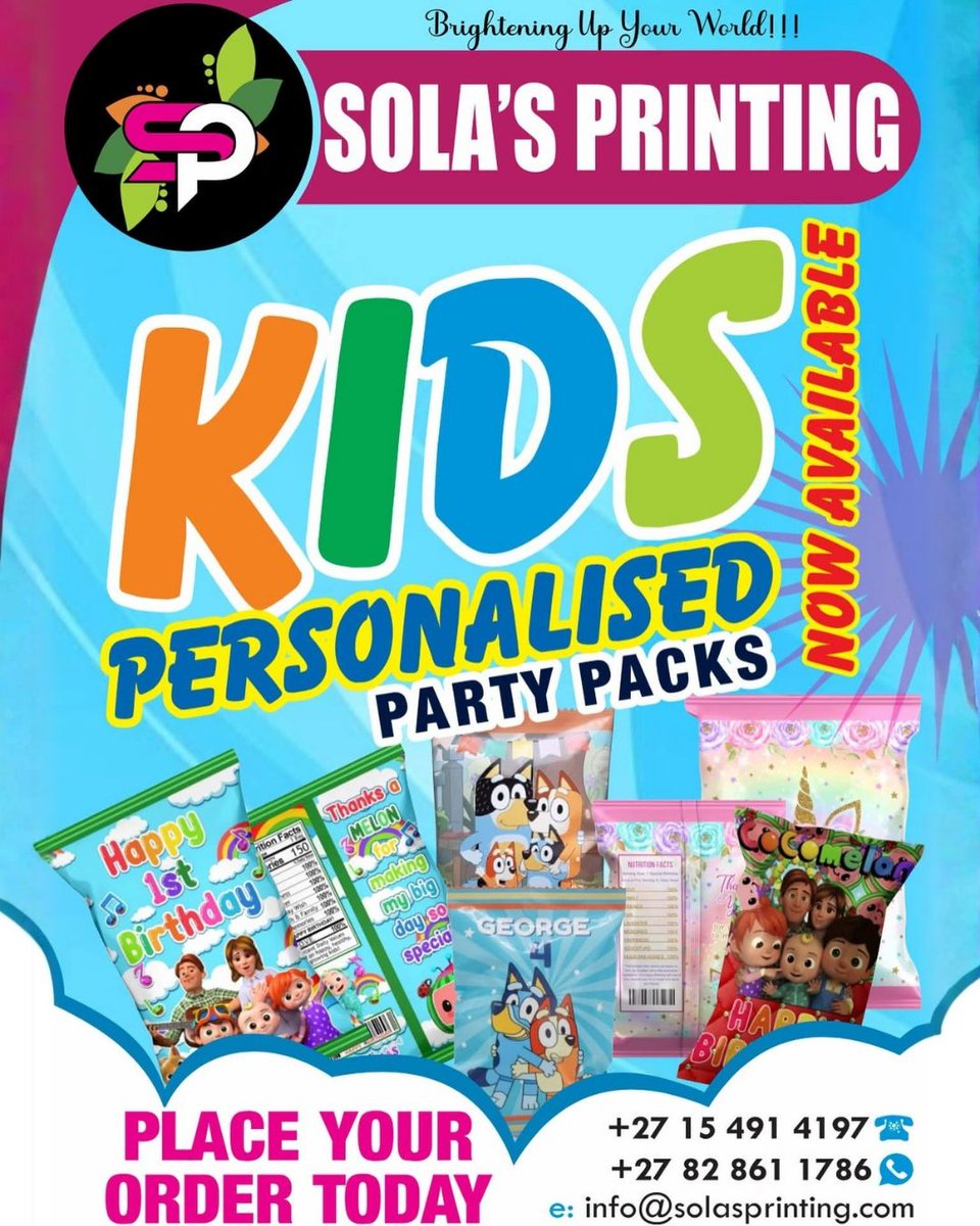 Pages_Potties's tweet image. 🎉 Make every celebration extra special with Sola's Printing! 🌟 Customize your Kids' Party Packs with vibrant, personalized designs they'll love. 🧁✨ Place your order today and let's print some magic! 🌈 Call 015 491 4197. #KidsParty #CustomMade 💕