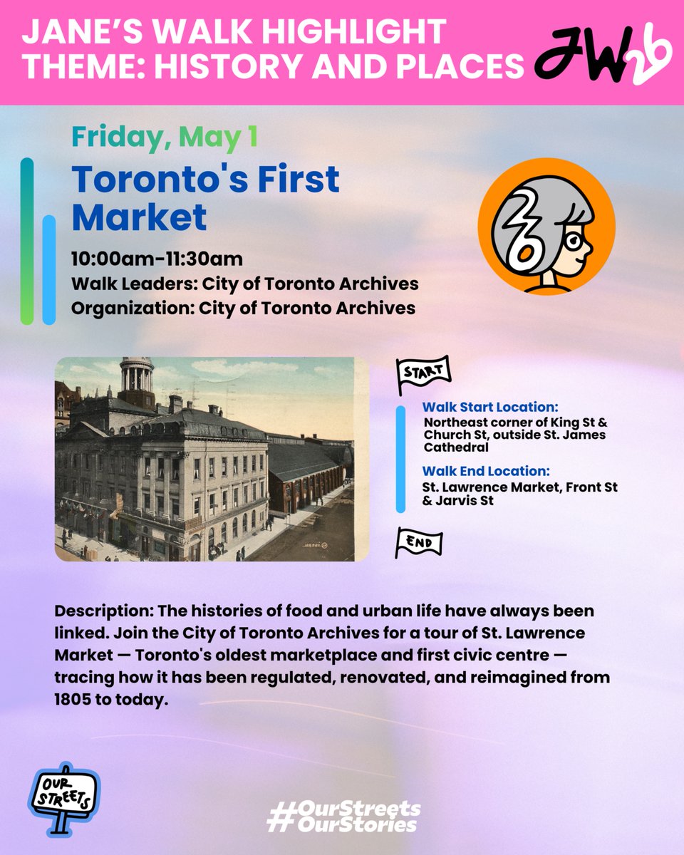 JanesWalkTO's tweet photo. 🏛️ JANE’S WALK HIGHLIGHT THEME: HISTORY & PLACES

From Toronto’s earliest streets and markets to hidden neighbourhood histories, music scenes, and waterfront stories — these Jane’s Walks explore the people, places, and moments that shaped the city. #OurStreetsOurStories

🟢 Friday, May 1

🛒 Toronto’s First Market
⏰ 10:00am–11:30am
👤 City of Toronto Archives
📍 St. James Cathedral → St. Lawrence Market

🏛️ A Walk through Toronto’s Old Town
⏰ 10:30am–12:00pm
👤 Rebecca Rizzo
📍 St. James Cathedral → Toronto’s First Post Office

🌳 Sunnylea: Glimpses of the Past Hiding in Plain Sight
⏰ 10:30am–12:00pm
👤 Pamela Gough and Peggy Smith
📍 Royal York Station → Sunnylea

🏘️ Tales of Two Cities: Rosedale and St. James Town
⏰ 6:30pm–7:45pm
👤 Sophie Zhou
📍 Rosedale → St. James Town

🔴 Saturday, May 2

🏘️ Swansea’s Centennial Walk: Exploring the Community
⏰ 11:00am–1:00pm
👤 Swansea Historical Society
📍 Runnymede → Swansea Town Hall

🌲 Wychwood Park
⏰ 12:00pm–1:30pm
👤 Marilyn Spearin
📍 Wychwood Park

🥊 Heavyweight Tour of the Junction: George Chuvalo’s Early Life
⏰ 2:00pm–3:15pm
👤 Mitch Chuvalo and Neil Ross
📍 The Junction

🎶 Yonge Street’s INCREDIBLE Music and Pop Culture History
⏰ 7:00pm–8:30pm
👤 Mark Vendramini
📍 College Station → Queen Station

🟣 Sunday, May 3

🏖️ The Beaches: Toronto’s Summer Playground from Then Until Now
⏰ 10:30am–12:00pm
👤 Jennie Worden and Kaila Hunte
📍 The Beaches

No registration required — just show up, walk, listen, and connect with the stories layered into Toronto’s streets, parks, neighbourhoods, and public spaces.

#JanesWalkTO #OurStreetsOurStories #TorontoHistory